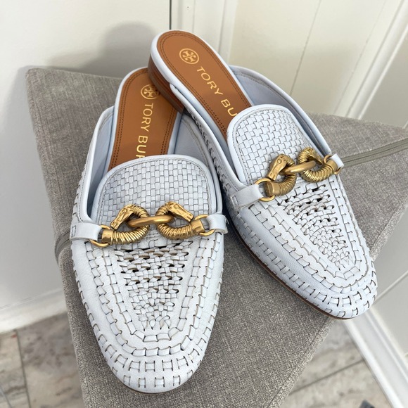 Tory Burch $348 Jessa Light Blue Woven‎ Leather Backless Loafers Women's 7.5M - Picture 4 of 10
